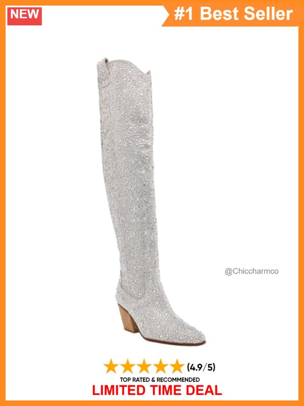 Rhinestone Thigh High Cowboy Boots Pointed Toe Chunky Heel